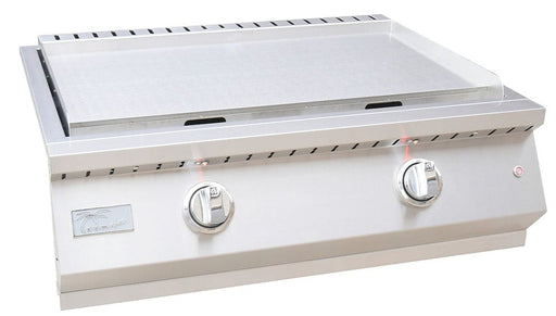 Stainless steel built-in outdoor griddle with no lid to show the flat cooking surface, dual control knobs, illuminated lights, and sleek modern design