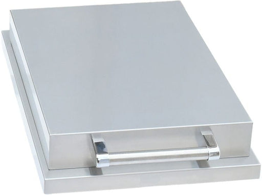 Stainless steel outdoor burner with a closed lid, featuring a sleek handle and compact design