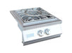 Stainless steel outdoor burner featuring dual control knobs, a removable grate, and a polished finish