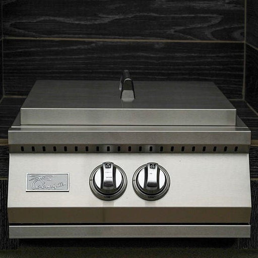 Stainless steel outdoor burner with closed lid, dual control knobs, sleek design, and modern finish, built into a stylish BBQ island setup