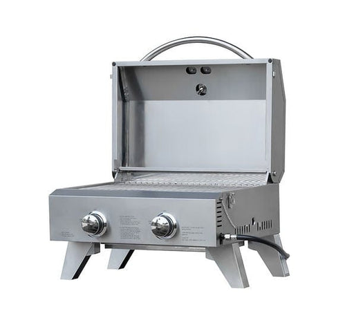 Stainless steel portable gas grill with dual control knobs, foldable legs, and an open lid showcasing a compact cooking area