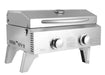 Stainless steel portable gas grill with a closed lid, dual control knobs, foldable legs, and a sturdy design for outdoor cooking