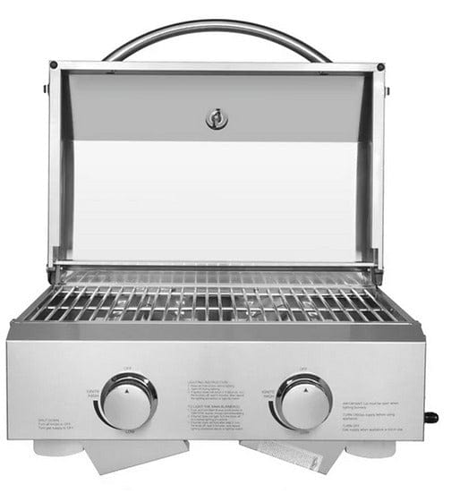 Stainless steel portable gas grill with an open lid, dual burners, control knobs, folded in legs, showing its spacious grilling surface