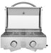 Stainless steel portable gas grill with an open lid, dual burners, control knobs, folded in legs, showing its spacious grilling surface