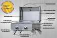 Portable gas grill with labeled features including stainless steel construction, dual burners, temperature gauge, drip tray, and locking mechanism