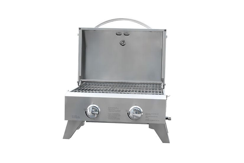 Stainless steel portable gas grill with an open lid, dual control knobs, grilling surface, and foldable legs