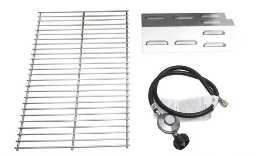 Grill accessories including a stainless steel cooking grate, heat shield, and a gas regulator hose with connector