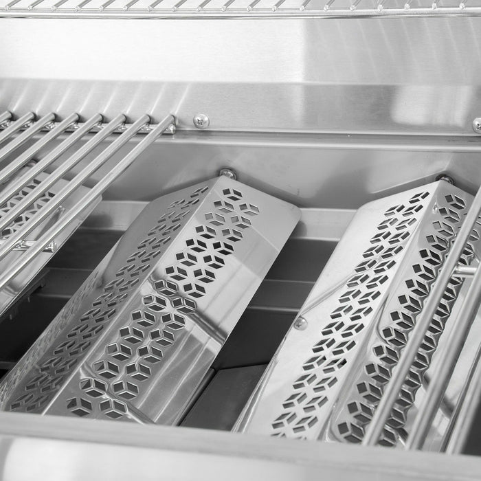 Close-up of steel grill grates on built-in gas grill