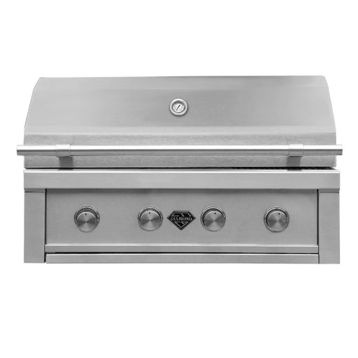 Stainless steel built-in gas grill with large hood, thermometer, and four control knobs for outdoor kitchens