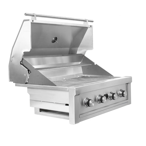 Side view of stainless steel built-in gas grill with open hood, four control knobs, and warming rack for outdoor kitchens