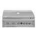 Stainless steel built-in gas grill with large hood, thermometer, and six control knobs for outdoor kitchens