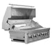 Side view of stainless steel built-in gas grill with open hood, six control knobs, and warming rack for outdoor kitchens