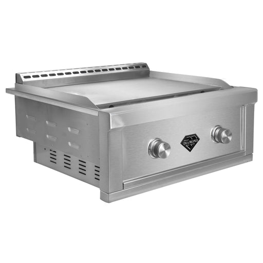 Stainless steel built-in griddle, with two dual burners, features sleek design for BBQ outdoor kitchens