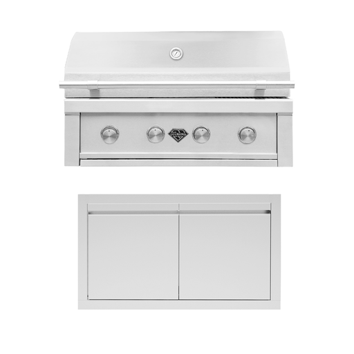 Premium stainless steel BBQ grill for outdoor kitchens, featuring four control knobs, a large liftgate, and a matching double-door storage cabinet