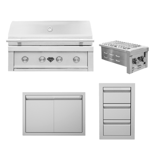 Stainless steel outdoor BBQ island kit featuring a grill, side burner, double access doors, and storage drawers for outdoor kitchens