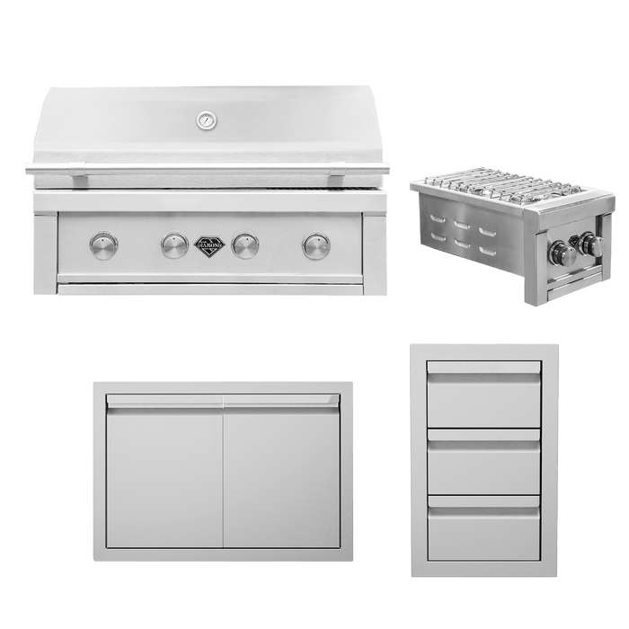 Stainless steel outdoor BBQ island kit featuring a grill, side burner, double access doors, and storage drawers for outdoor kitchens