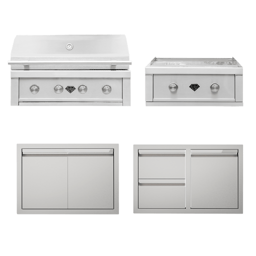 Stainless steel outdoor BBQ island kit featuring a grill, side burner, double access doors, and storage drawers for outdoor kitchens