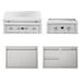 Stainless steel outdoor BBQ island kit featuring a grill, side burner, double access doors, and storage drawers for outdoor kitchens