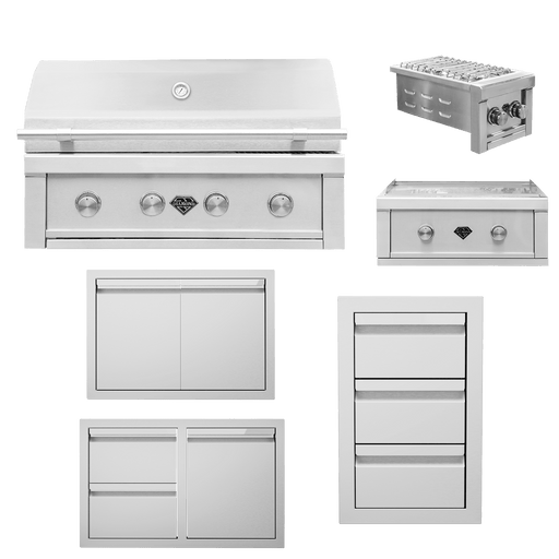 Stainless steel outdoor kitchen set with BBQ grill, side burner, griddle, double doors, and storage drawers, for a complete backyard setup