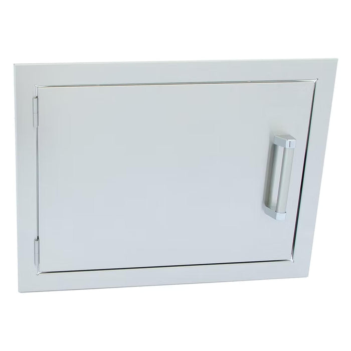 Kokomo Grills 24 x 17-inch reversible stainless steel horizontal outdoor kitchen access door with polished bar handle.