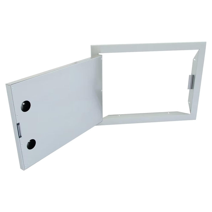 Kokomo Grills 24 x 17-inch stainless steel BBQ island access door shown open with dual-wall construction and magnetic closure.