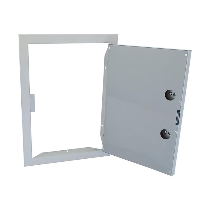 Kokomo Grills KO-1724V stainless steel vertical BBQ island access door shown open with dual-wall construction and magnetic closure.