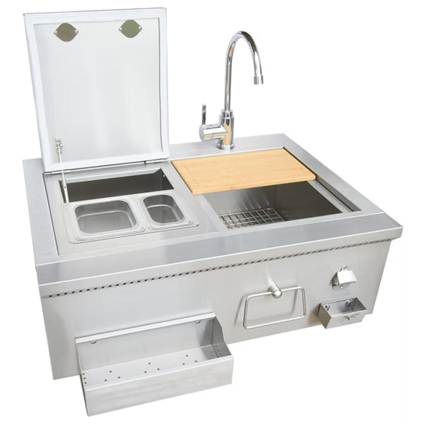 Kokomo Grills 30-inch built-in bartender cocktail station with open ice chest, sink, faucet, bamboo cutting board, speed rail and bottle opener