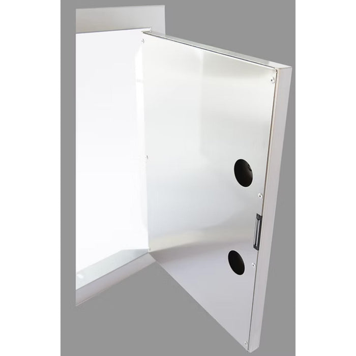 Interior view of Kokomo Grills 30-inch stainless steel double access door showing dual-wall construction and utility access openings