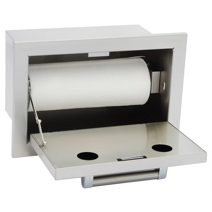 Kokomo Grills outdoor kitchen paper towel holder open with paper towel roll installed