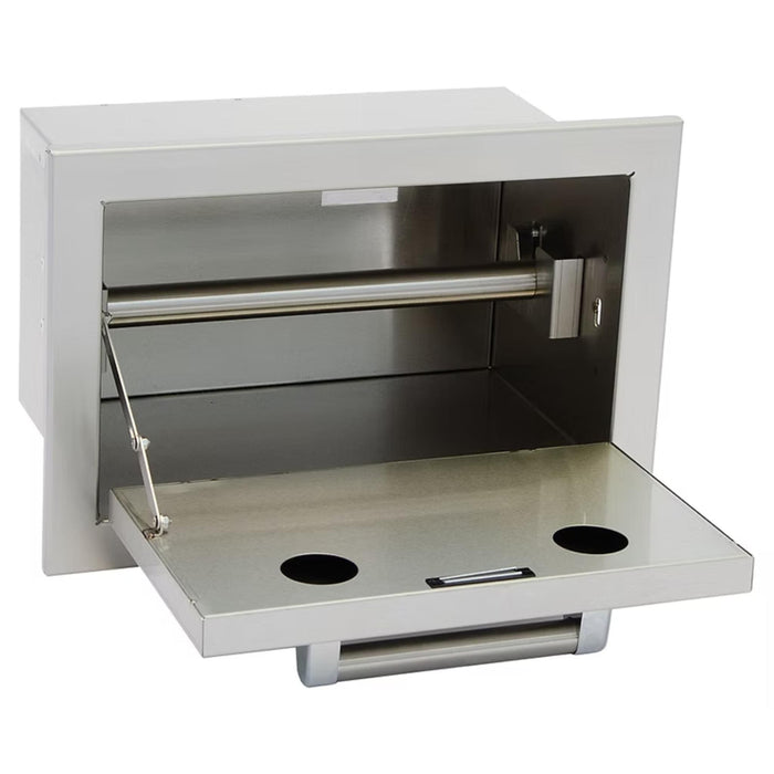 Kokomo Grills built-in 304 stainless steel paper towel holder open showing interior roll holder