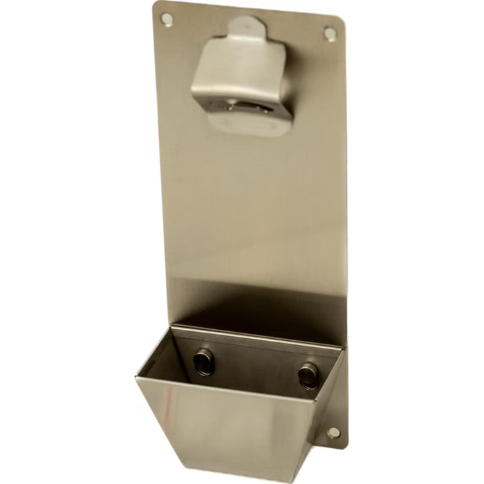 Kokomo Grills stainless steel bottle opener with detachable cap catcher shown from an angled front view