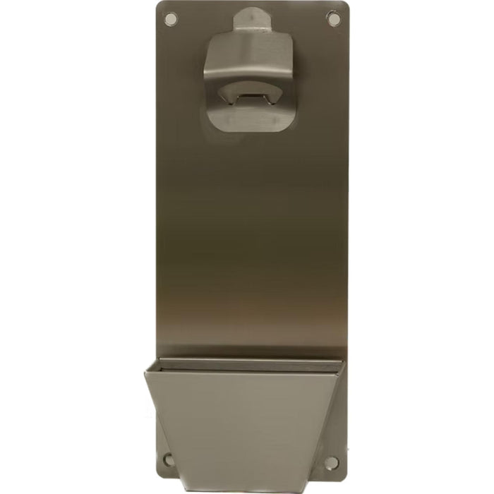Front view of Kokomo Grills wall-mount stainless steel bottle opener and bottle cap catcher