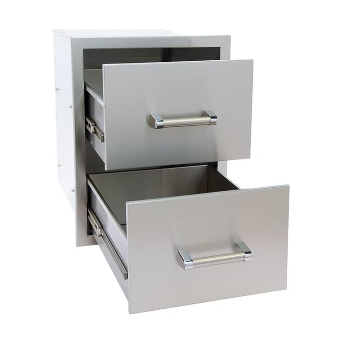 Kokomo Grills built-in double outdoor kitchen storage drawer shown open with two stainless steel drawers