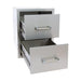 Kokomo Grills built-in double outdoor kitchen storage drawer shown open with two stainless steel drawers