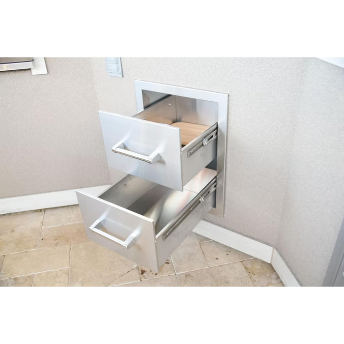Kokomo Grills built-in double storage drawer installed in a BBQ island with both stainless steel drawers open