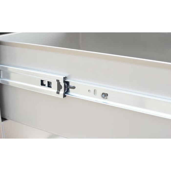 Close-up of stainless steel ball-bearing drawer glide on Kokomo Grills built-in outdoor kitchen storage drawer