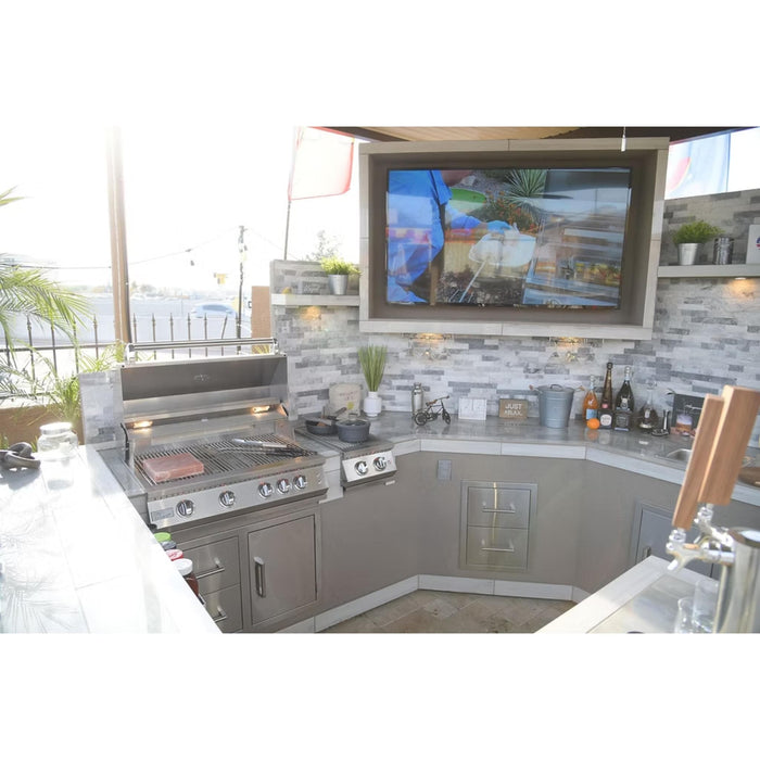 Kokomo Grills double storage drawer installed in a complete outdoor kitchen with built-in grill and side burner