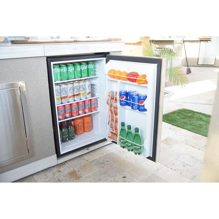 Kokomo Grills built-in outdoor refrigerator installed in outdoor kitchen with beverage storage