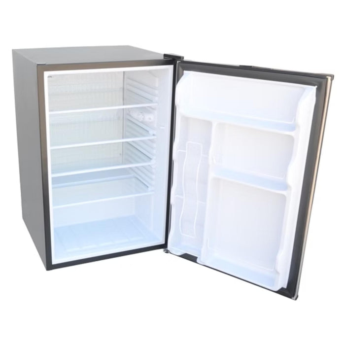 Kokomo Grills outdoor kitchen refrigerator open showing interior shelves and door storage