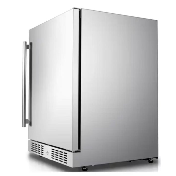 Kokomo Grills 24-Inch stainless steel outdoor refrigerator shown from an angled side view with bar handle and front ventilation.