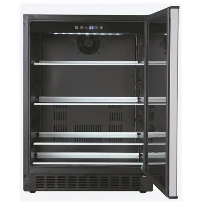 Kokomo Grills 24-Inch outdoor refrigerator with open door, adjustable interior shelving, digital temperature display, and LED lighting.