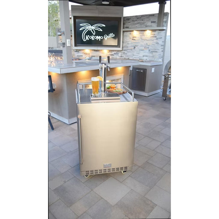 Kokomo Grills stainless steel outdoor kegerator in a luxury backyard outdoor kitchen and bar area