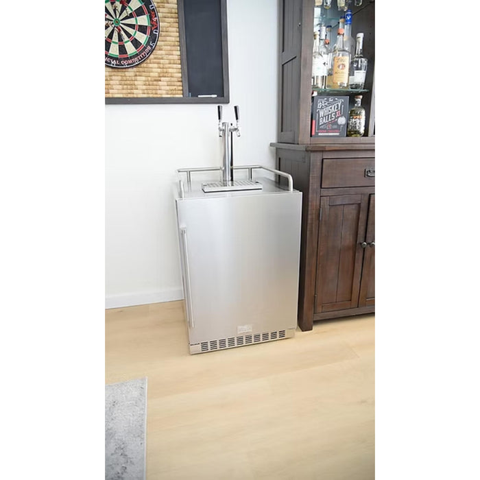 Kokomo Grills freestanding kegerator with dual tap tower positioned beside a home bar