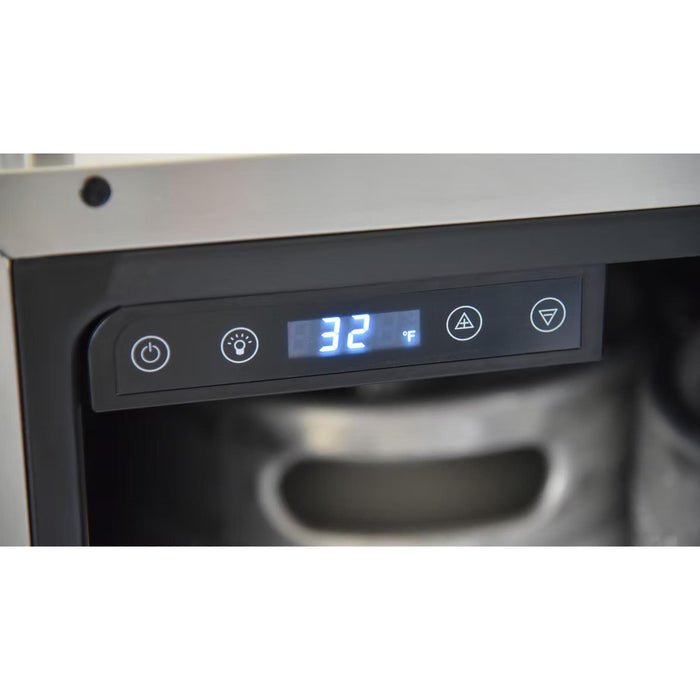 Digital temperature control display on Kokomo Grills outdoor kegerator showing 32 degrees Fahrenheit