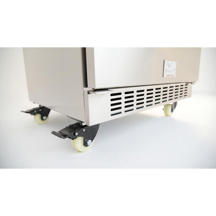 Locking caster wheel and front ventilation detail on Kokomo Grills stainless steel outdoor kegerator