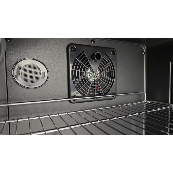 Interior cooling fan and adjustable wire shelving inside Kokomo Grills outdoor kegerator