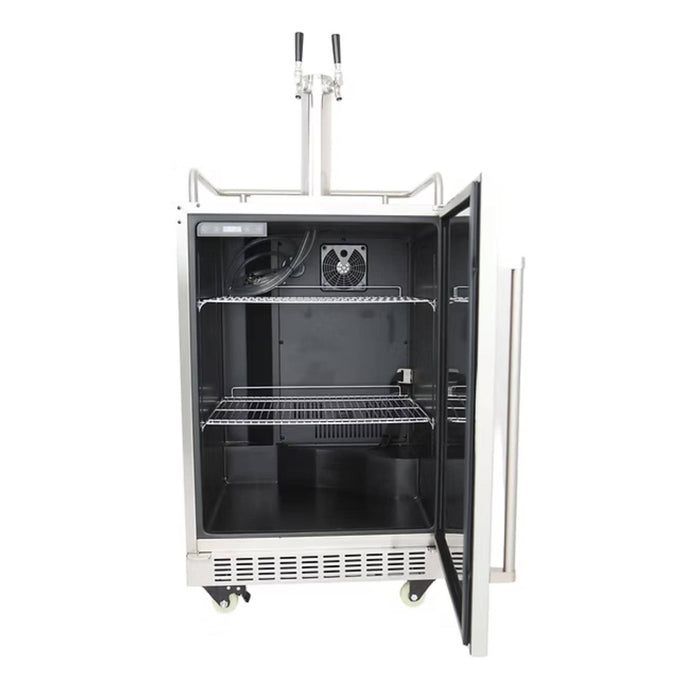 Kokomo Grills outdoor kegerator with open door, dual tap tower and adjustable interior shelves