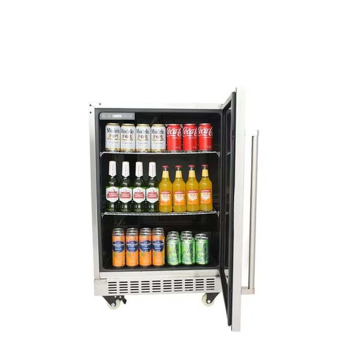 Kokomo Grills outdoor kegerator configured as a beverage refrigerator with bottles and cans on interior shelves