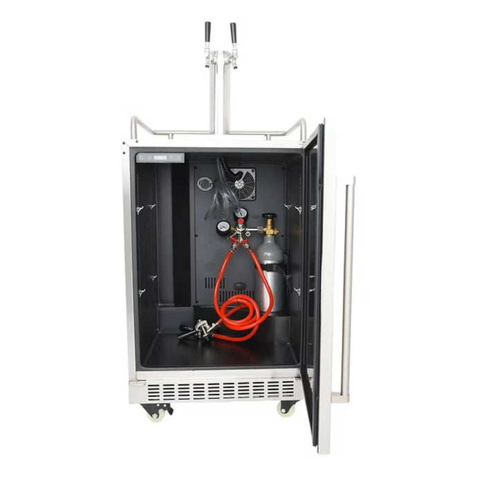 Interior of Kokomo Grills outdoor kegerator showing CO2 tank, regulator, beverage lines and keg coupler setup
