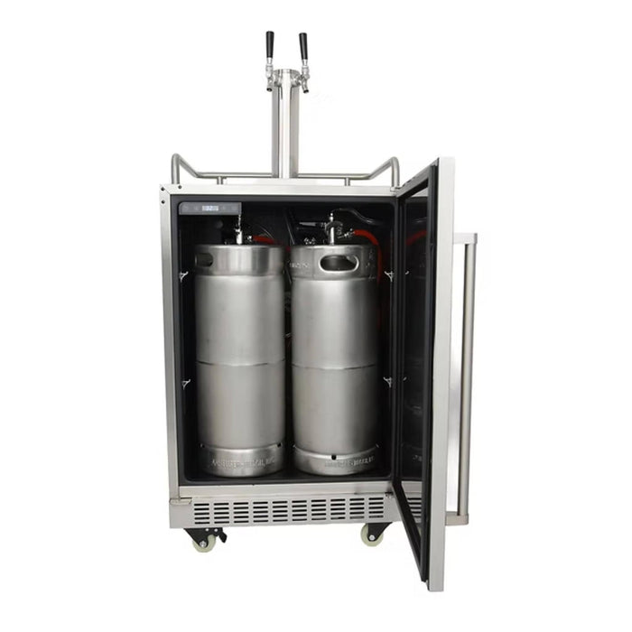 Kokomo Grills dual tap outdoor kegerator with two kegs installed inside the refrigerated cabinet